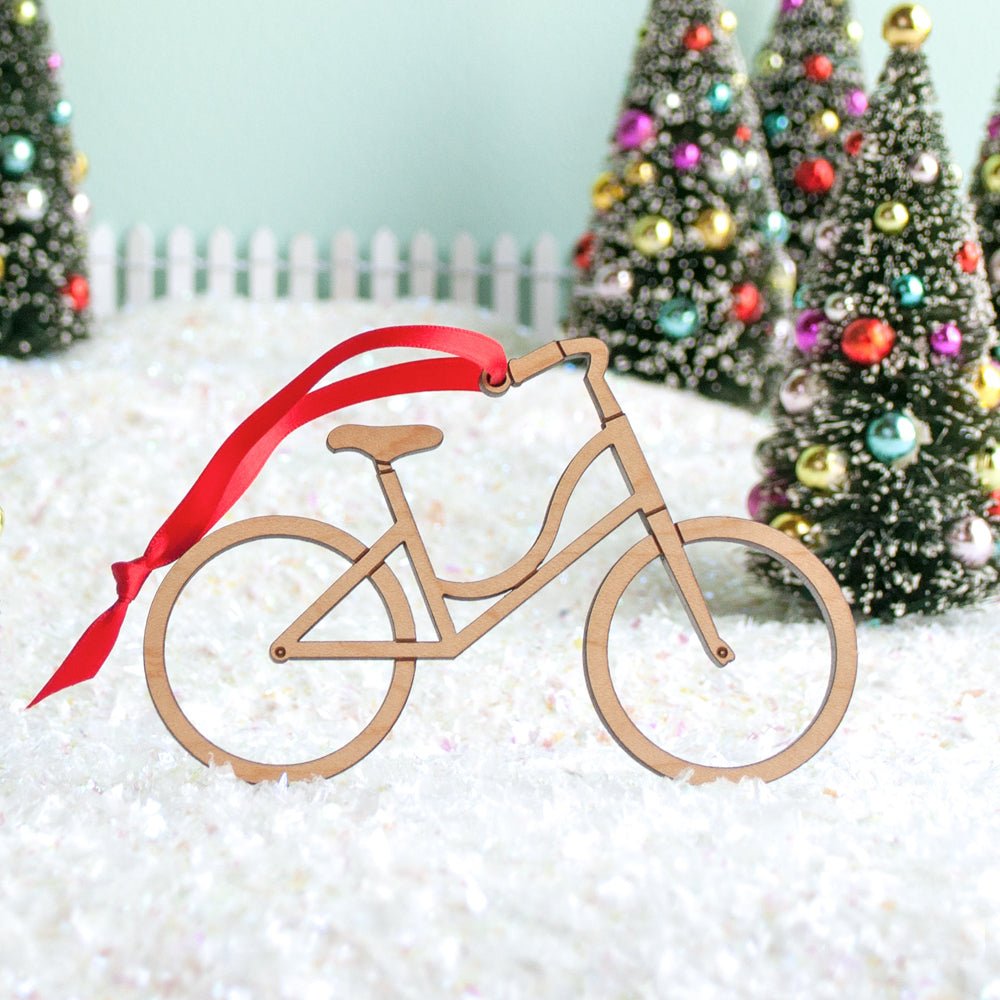 Christmas Ornament - Girl Bike (Modern, Wood) Light Maple - No Personalization - Graphic Spaces