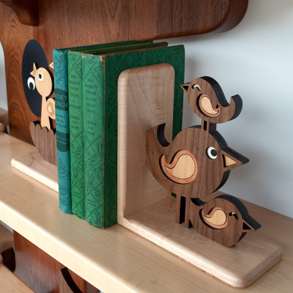 Bird Stack Wooden Bookend for woodland animal nursery decor handmade by Graphic Spaces