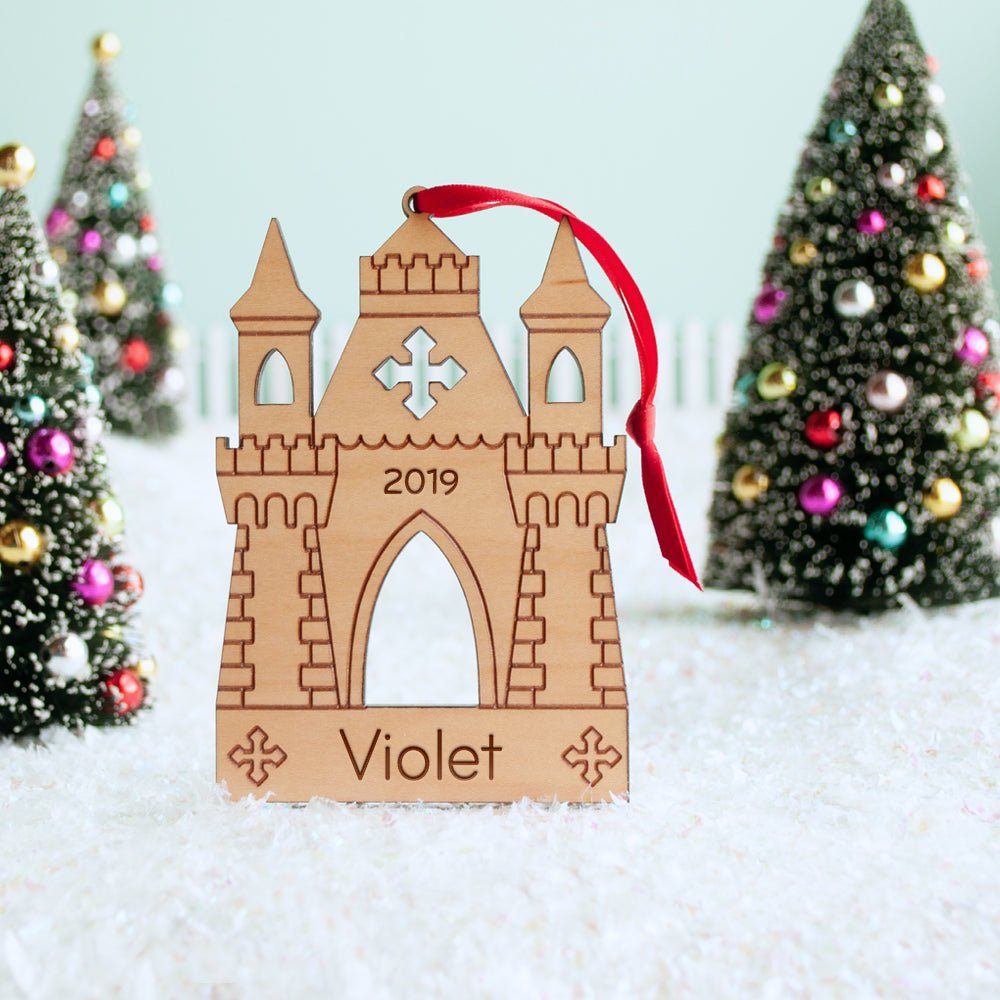 Kids Christmas Ornament - Castle (Personalized, Wood) Light Maple - Graphic Spaces