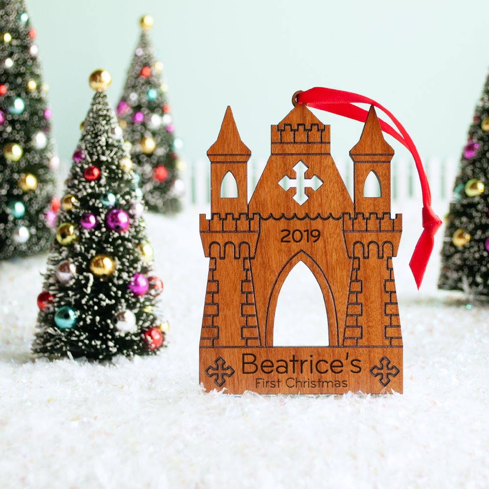 Kids Christmas Ornament - Castle (Personalized, Wood) Light Maple - Graphic Spaces