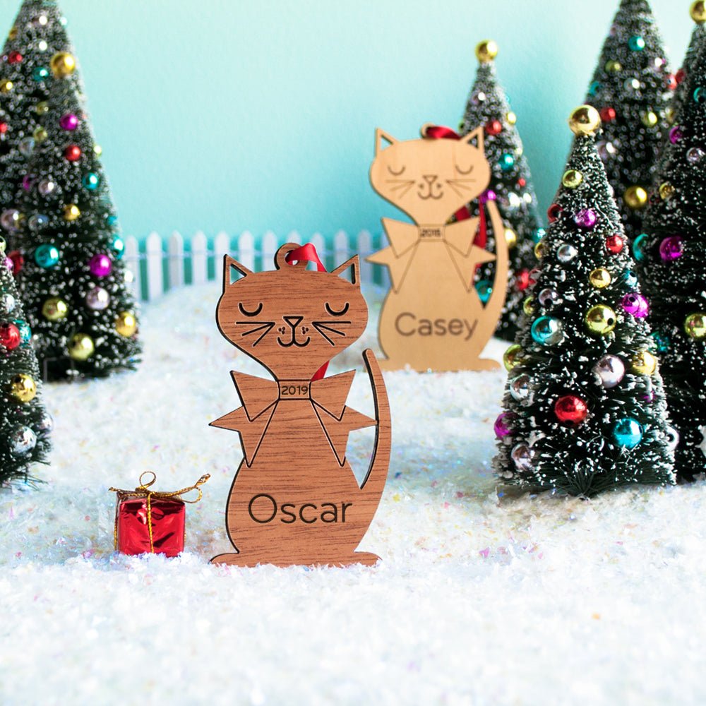 Kids Christmas Ornament - Retro Cat (Personalized, Wood) Light Maple - Graphic Spaces