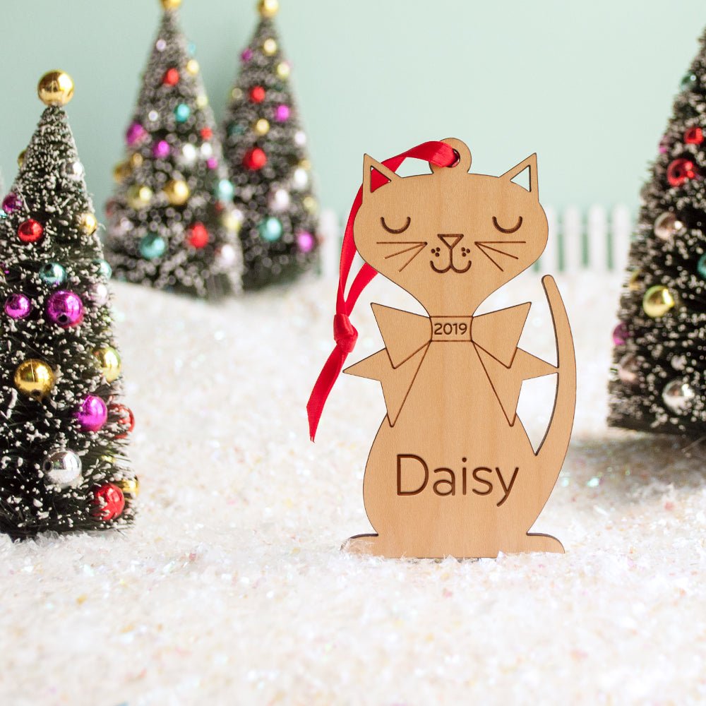 Kids Christmas Ornament - Retro Cat (Personalized, Wood) Light Maple - Graphic Spaces