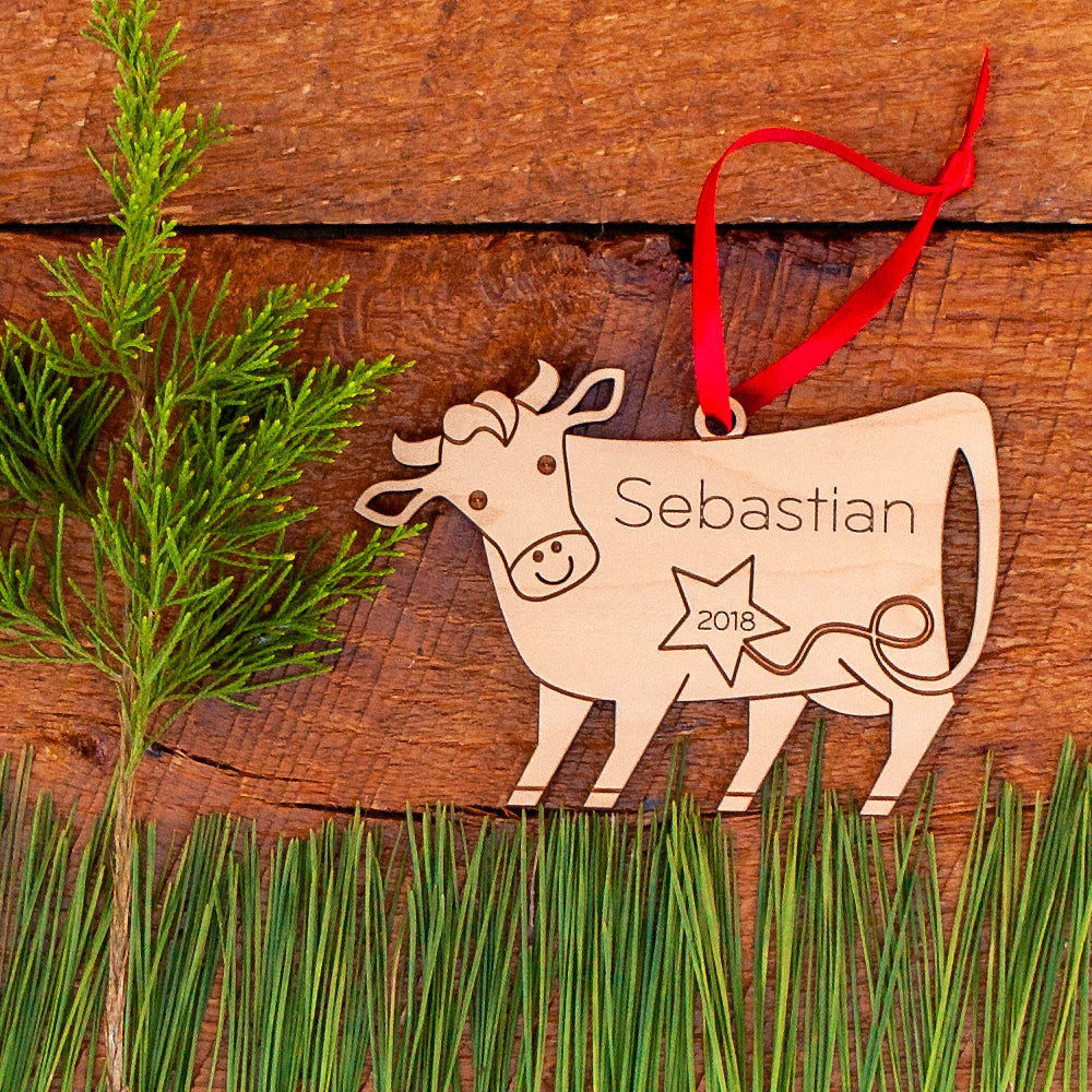 wooden cow christmas ornament personalized