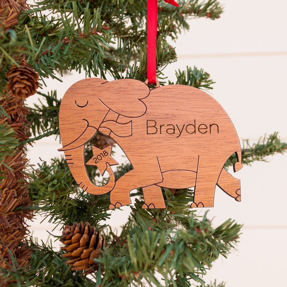 Kids Christmas Ornament - Elephant (Personalized, Wood) Light Maple - Graphic Spaces