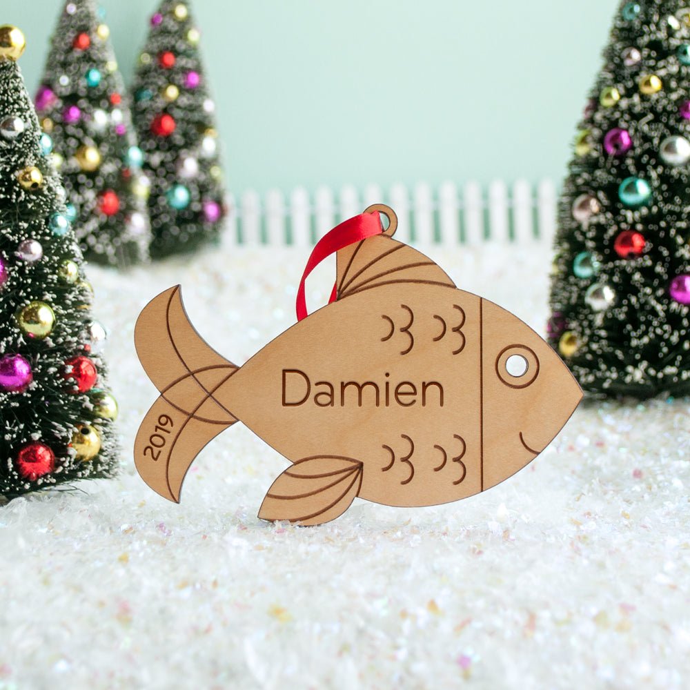Kids Christmas Ornament - Fish (Personalized, Wood) Light Maple - Graphic Spaces