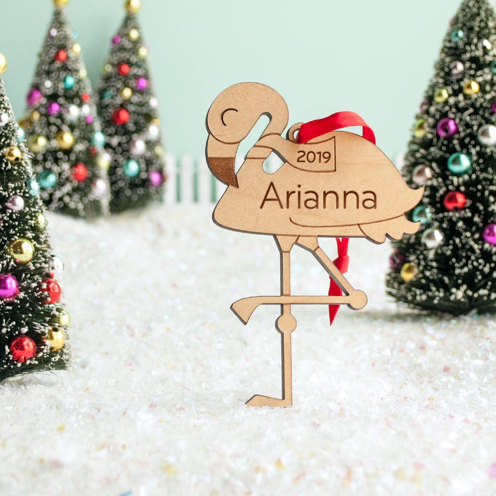 Kids Christmas Ornament - Flamingo (Personalized, Wood) Light Maple - Graphic Spaces