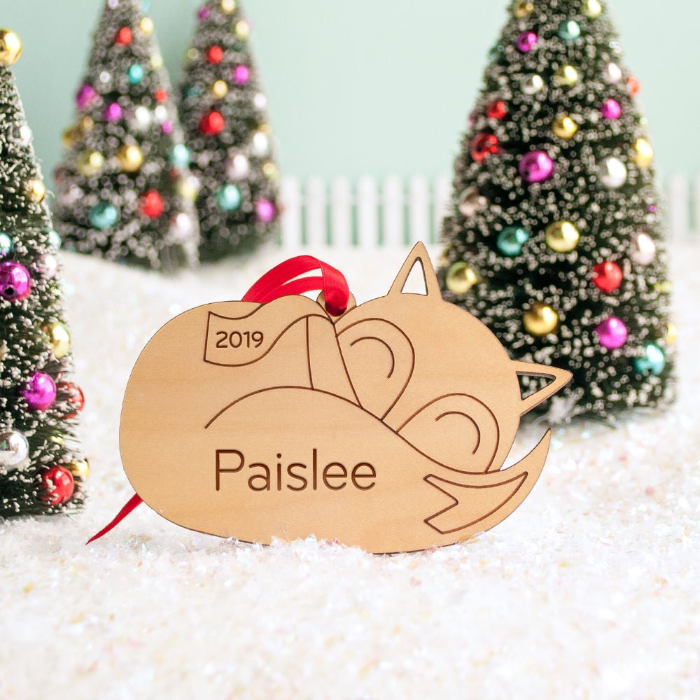 Kids Christmas Ornament - Sleeping Fox (Personalized, Wood) Light Maple - Graphic Spaces