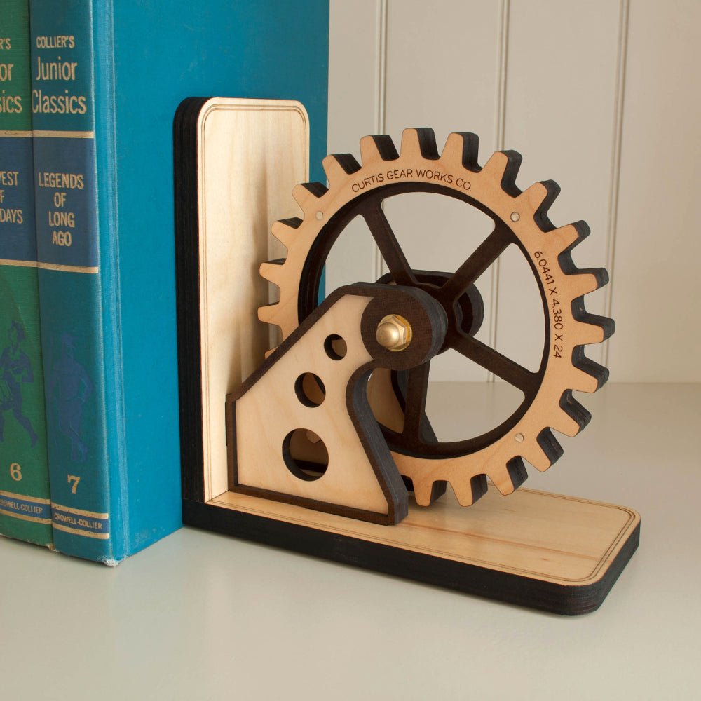 Personalized Wooden Gear Bookend for industrial decor handmade by Graphic Spaces