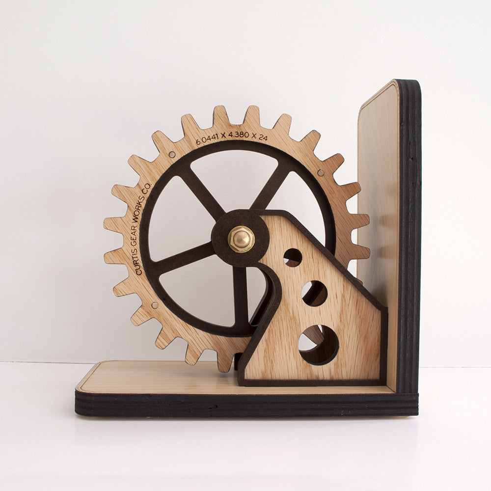 Personalized Wooden Gear Bookend for industrial decor handmade by Graphic Spaces