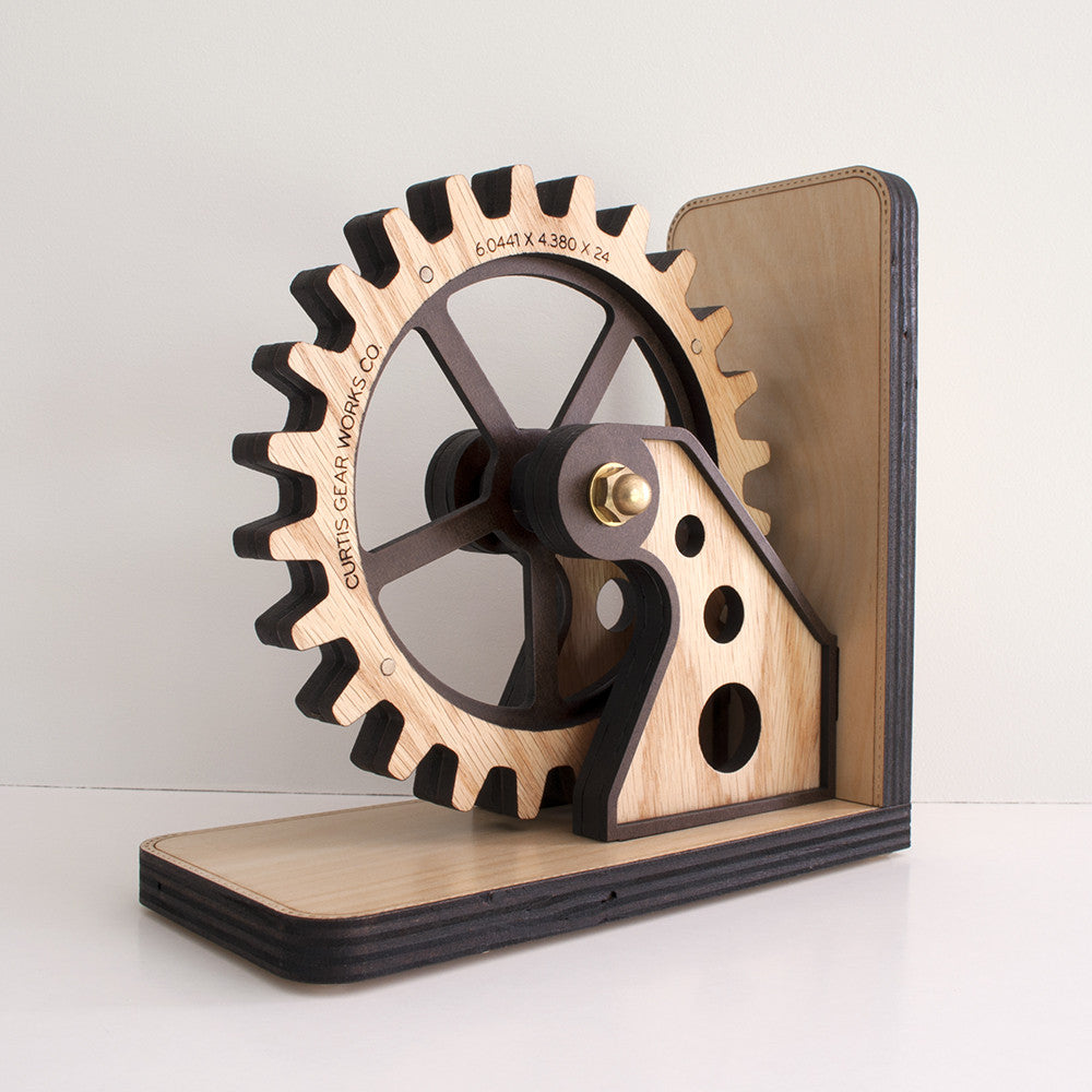 Personalized Wooden Gear Bookend for industrial decor handmade by Graphic Spaces