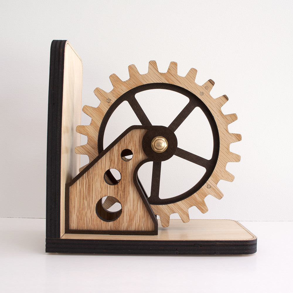 Personalized Wooden Gear Bookend for industrial decor handmade by Graphic Spaces