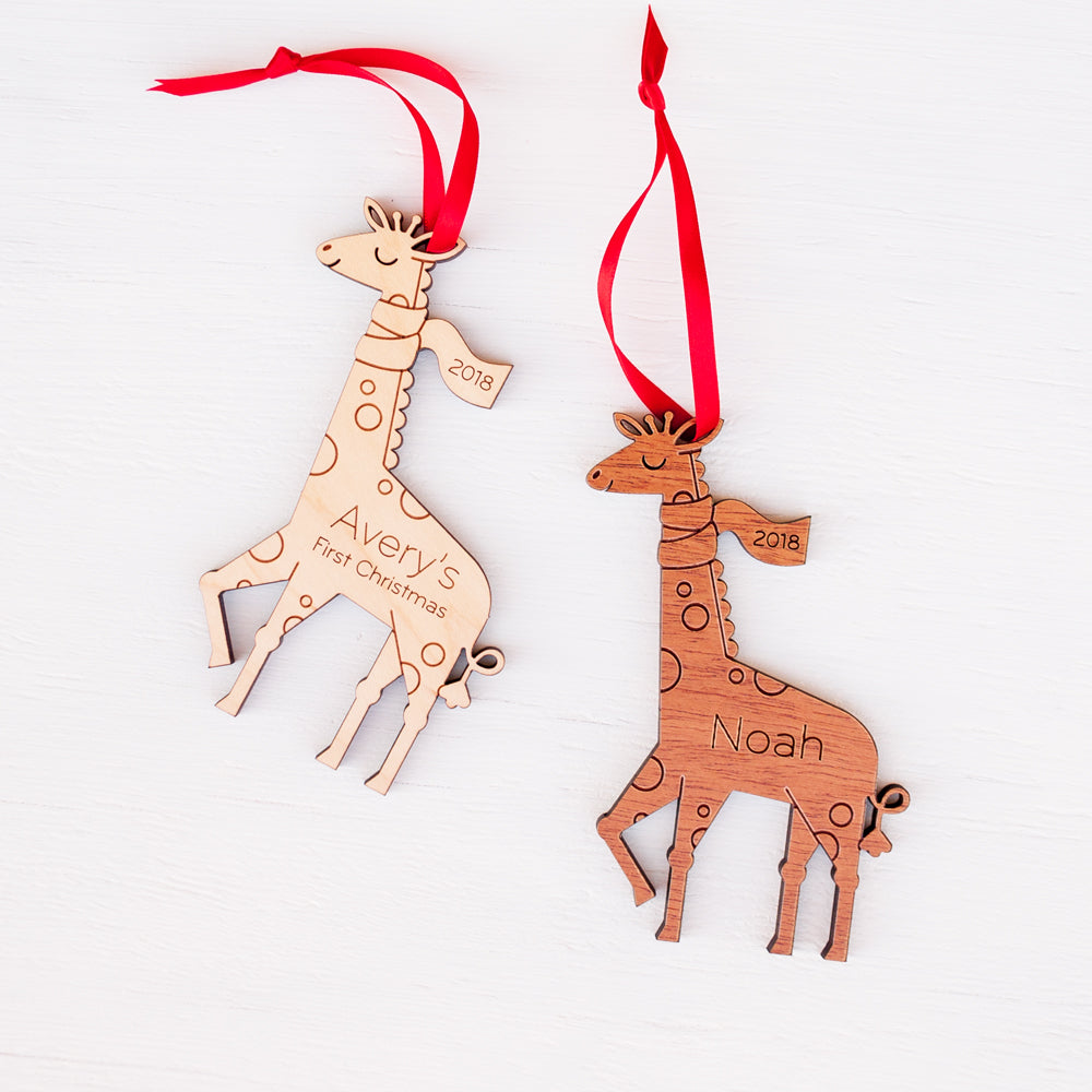 wood giraffe christmas ornament personalized