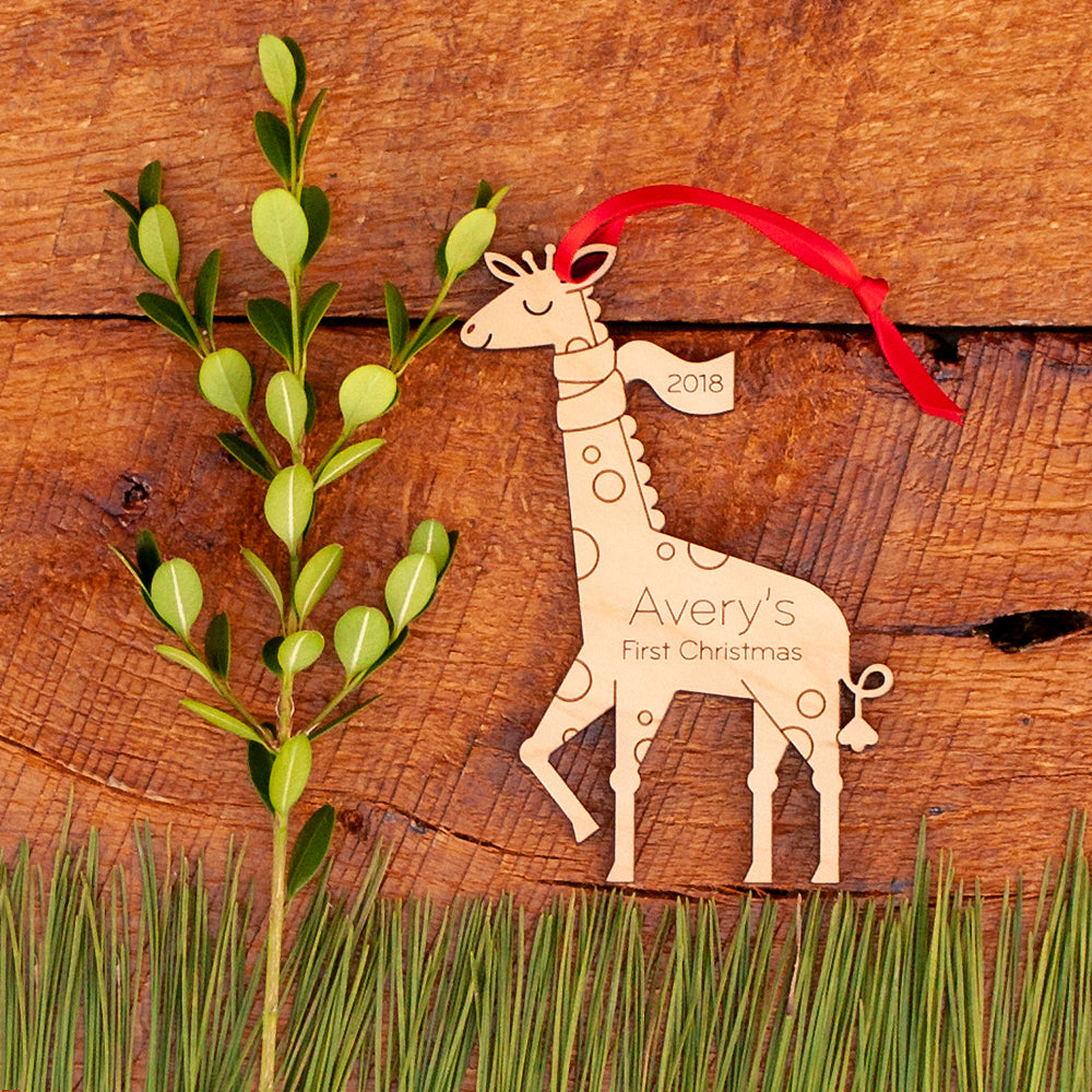 wood giraffe first christmas ornament personalized