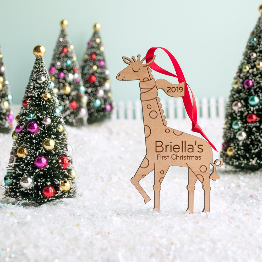 wood giraffe first christmas ornament personalized