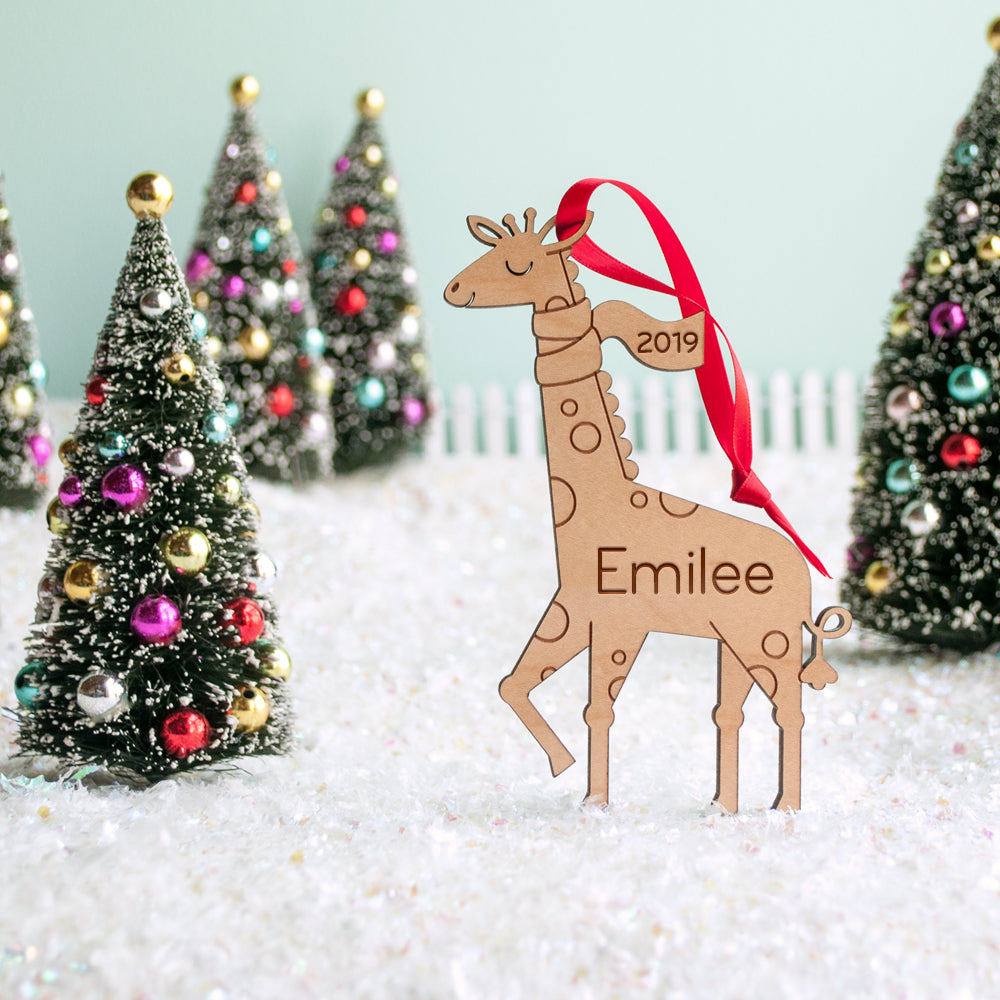 wood giraffe christmas ornament personalized