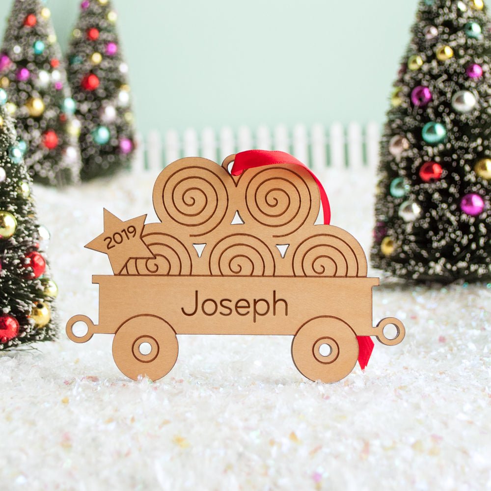 Kids Christmas Ornament - Tractor Hay Wagon (Personalized, Wood) Light Maple - Graphic Spaces