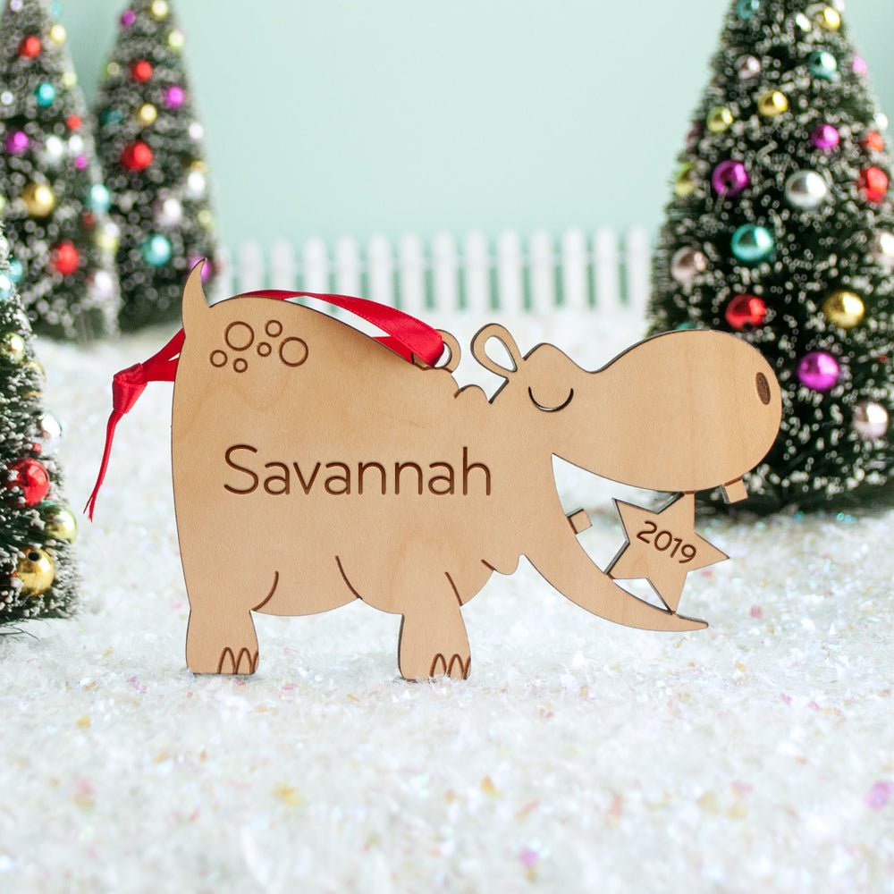 Kids Christmas Ornament - Hippo (Personalized, Wood) - Light Maple - Graphic Spaces