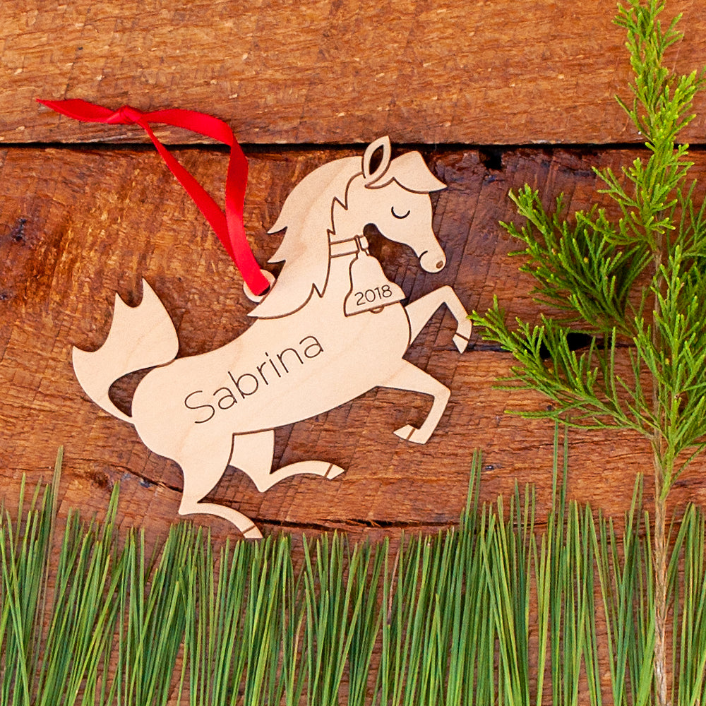 wooden horse christmas ornament personalized