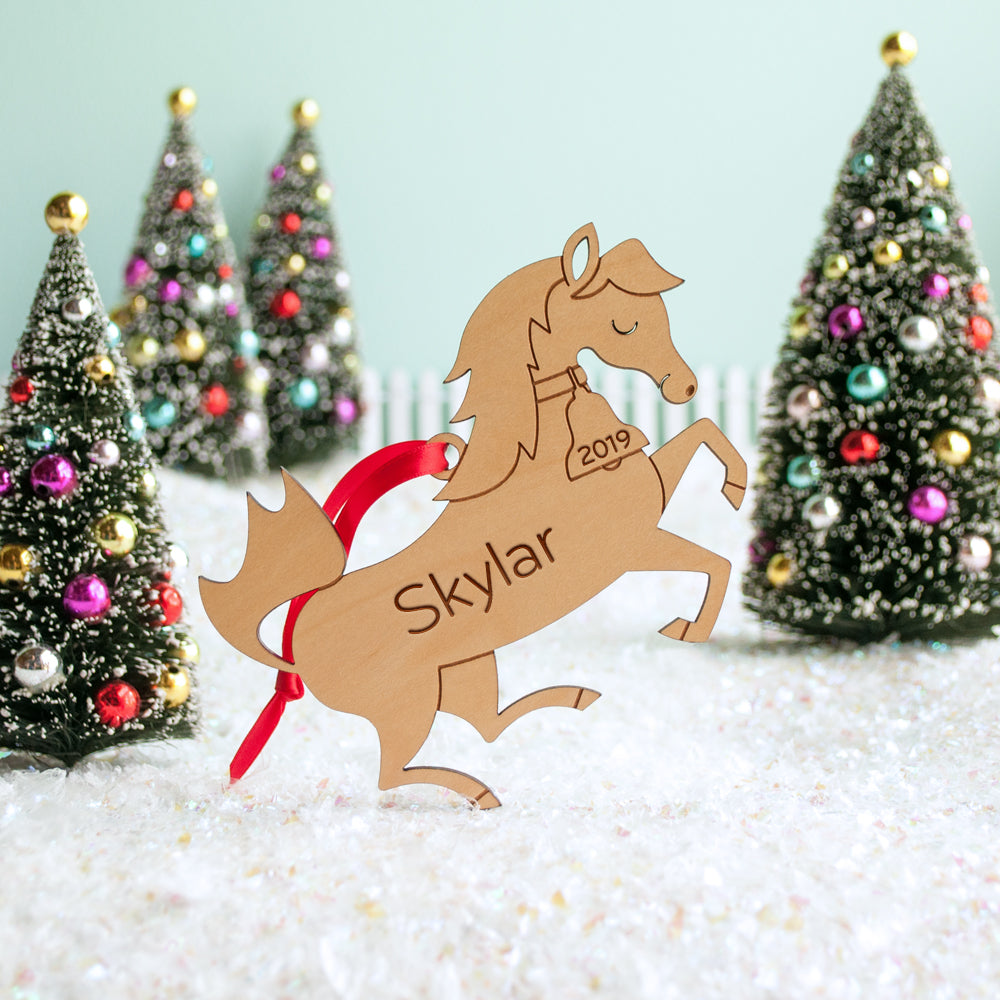wooden horse christmas ornament personalized
