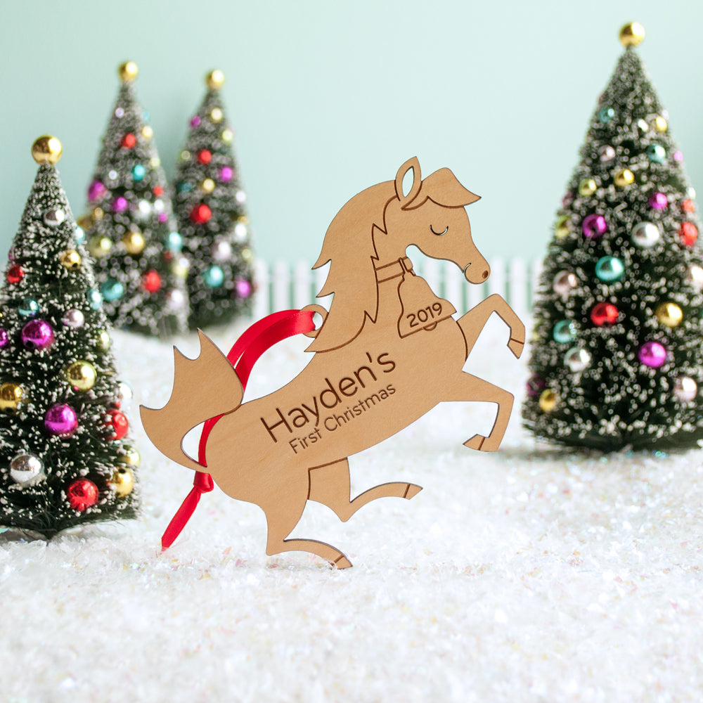 wooden horse christmas ornament personalized