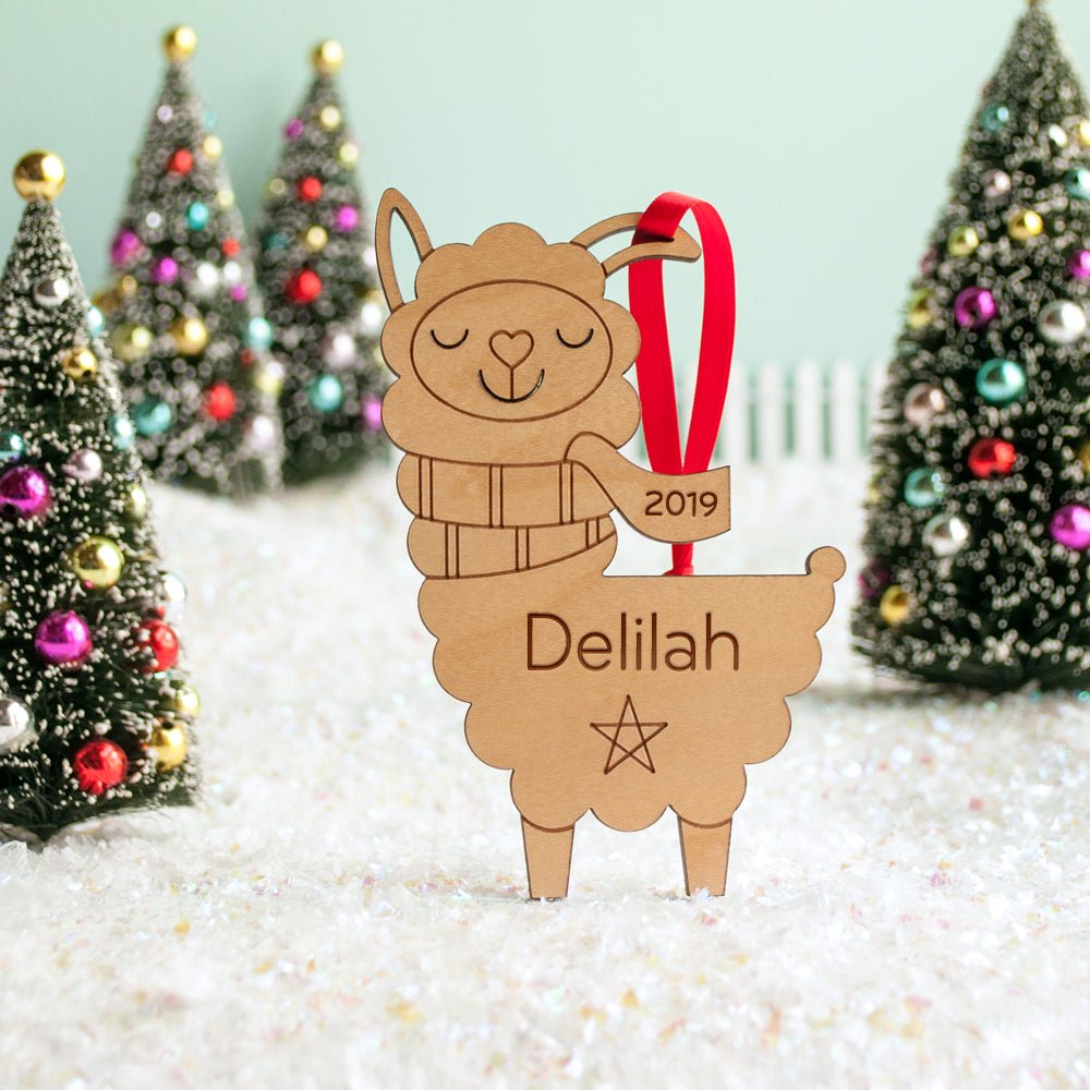 Kids Christmas Ornament - Llama (Personalized, Wood) Light Maple - Graphic Spaces