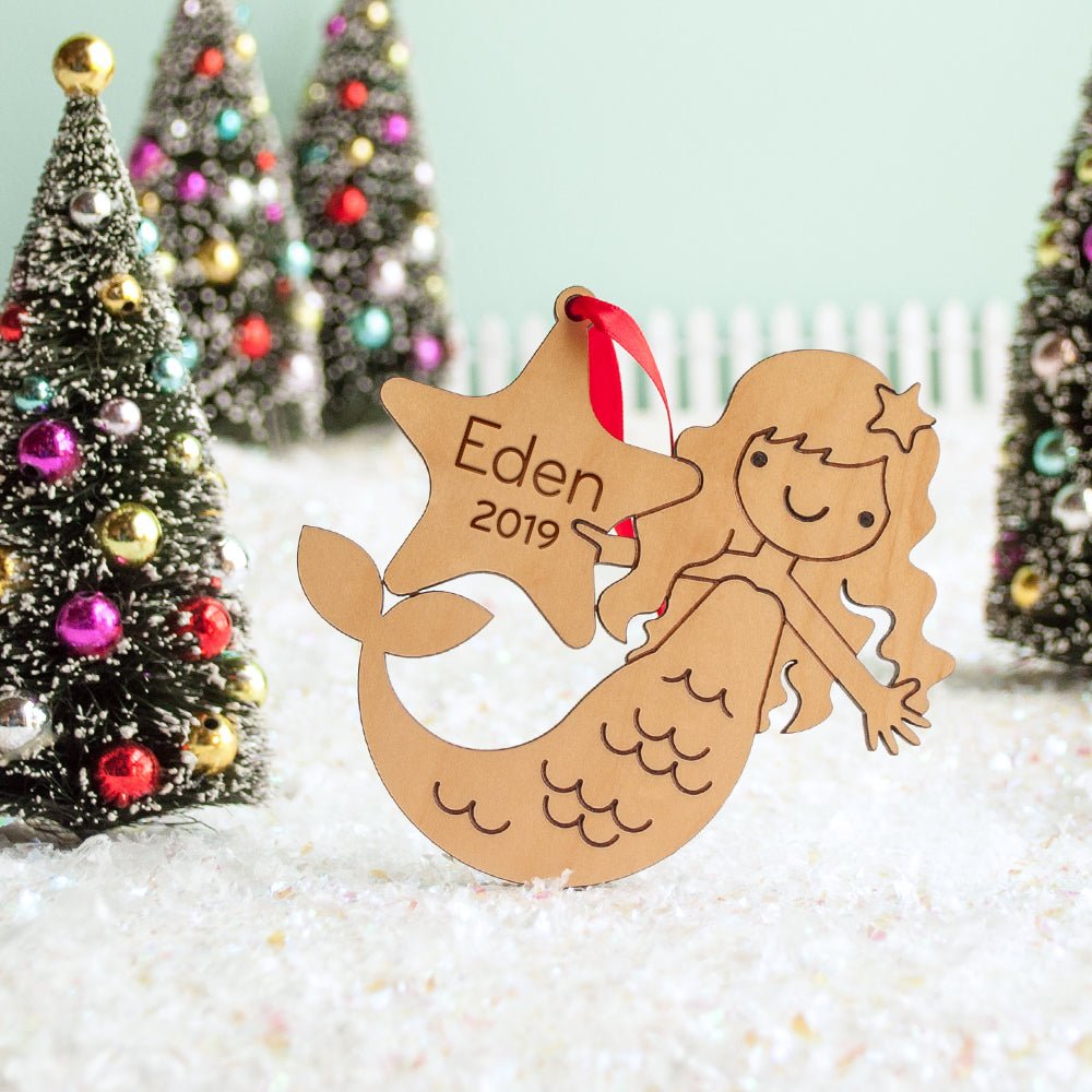Kids Christmas Ornament - Mermaid (Personalized, Wood) Light Maple - Graphic Spaces