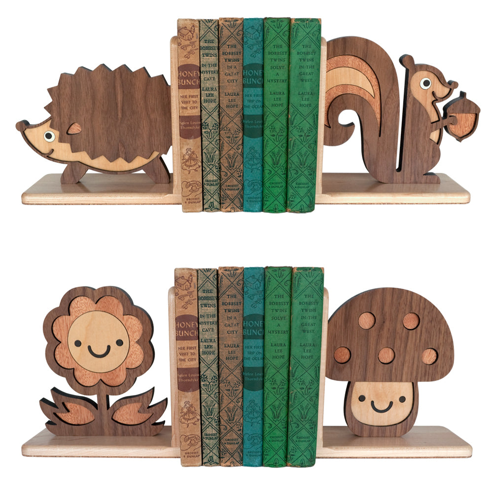 Wooden Bookends, Hedgehog, Squirrel, Mushroom &amp; Flower for woodland animal nursery decor handmade by Graphic Spaces