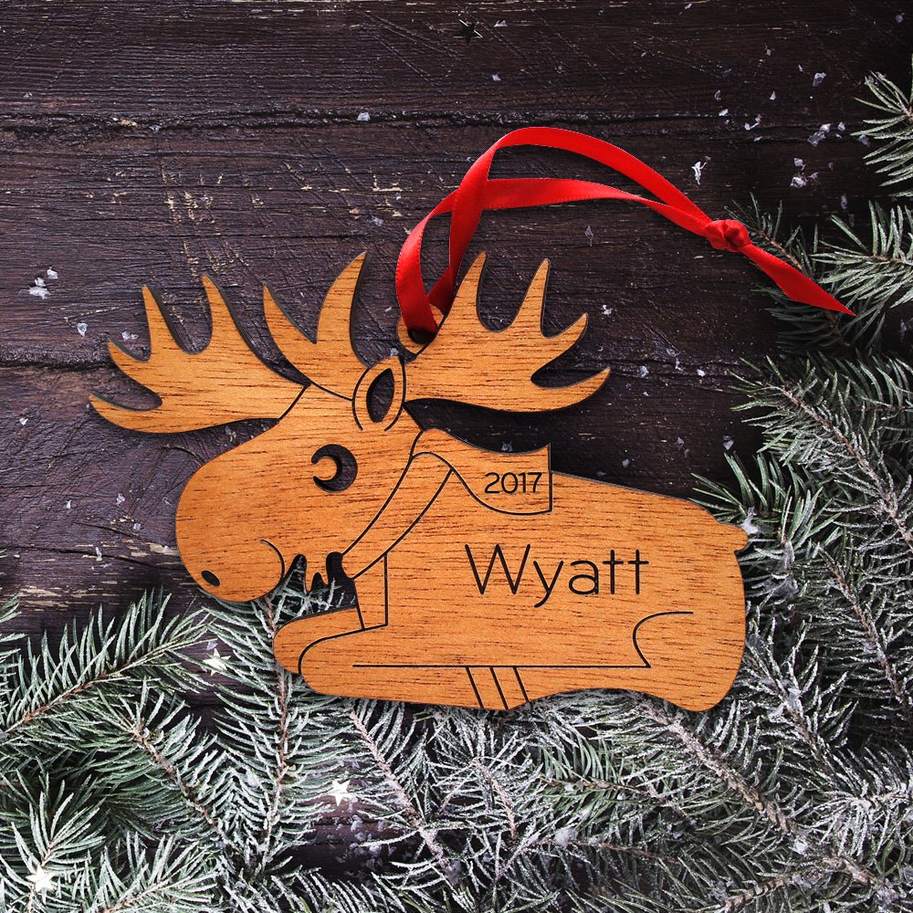 Kids Christmas Ornament - Moose (Personalized, Wood) Light Maple - Graphic Spaces
