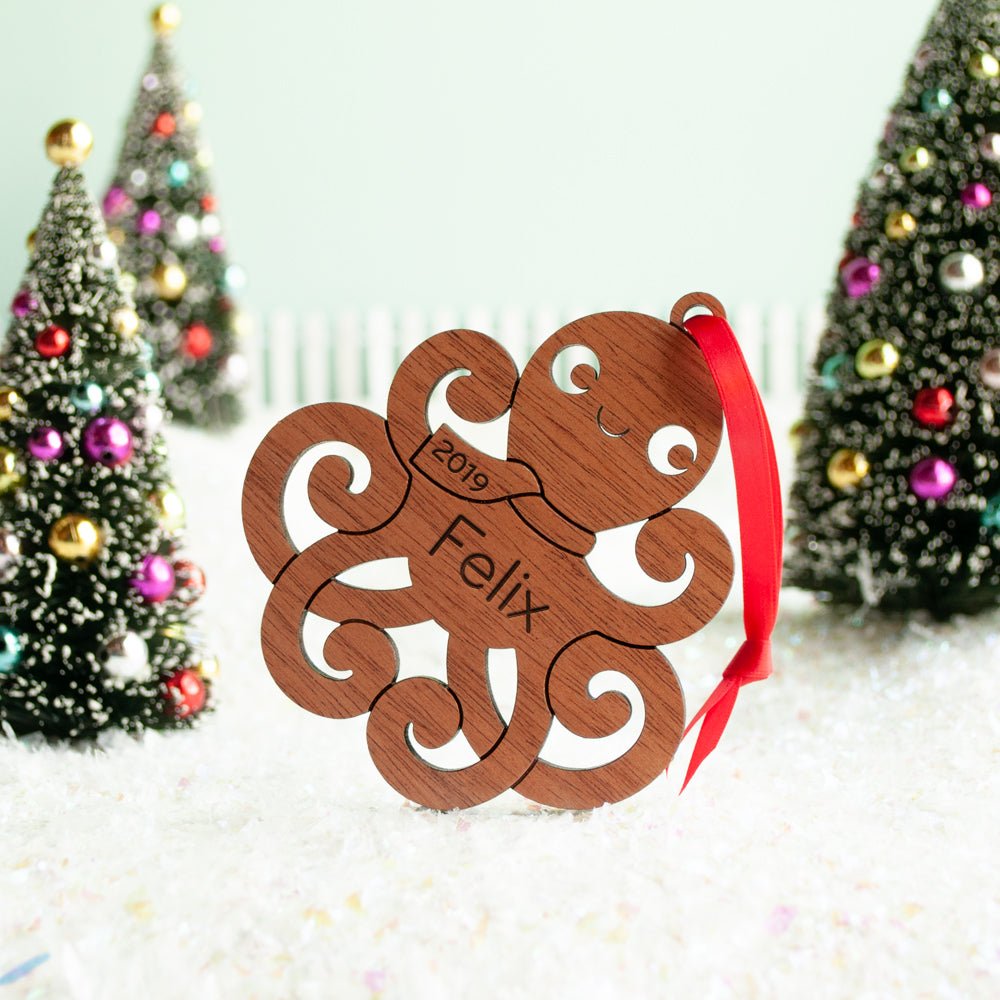 Kids Christmas Ornament - Octopus (Personalized, Wood) Light Maple - Graphic Spaces