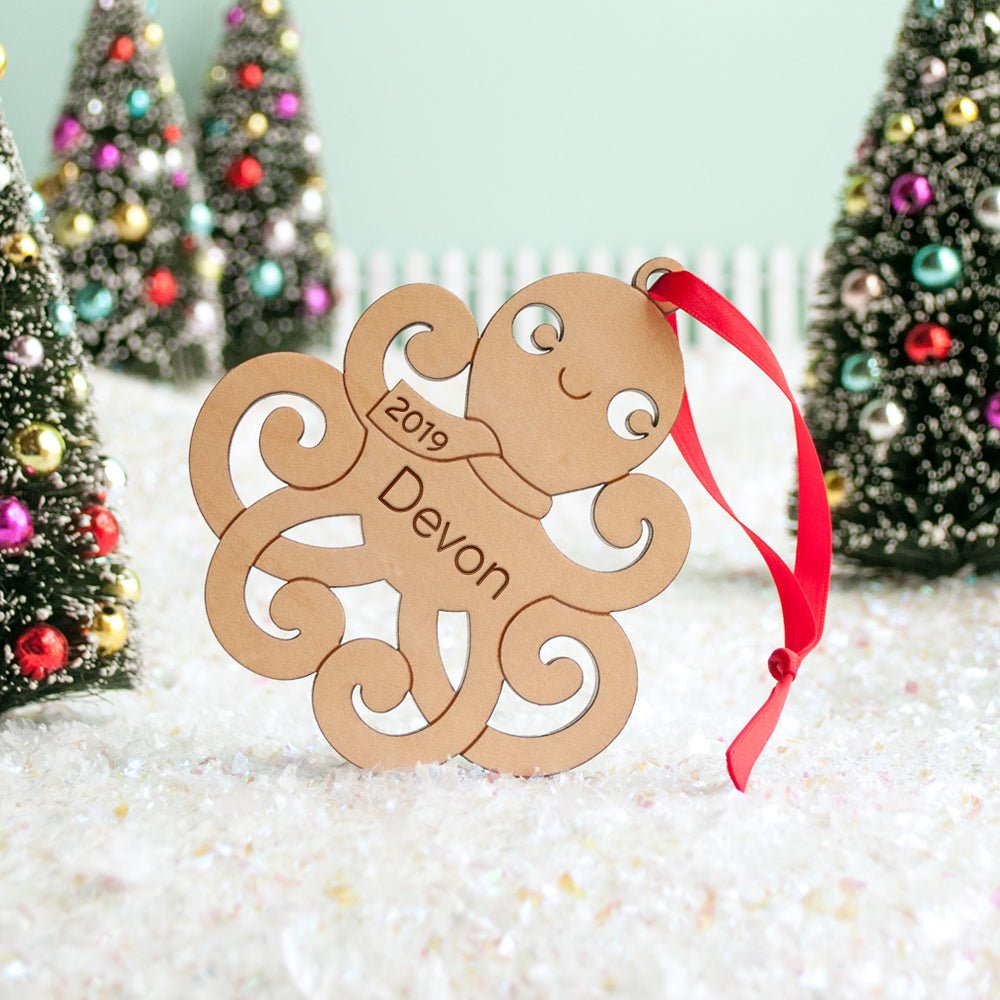Kids Christmas Ornament - Octopus (Personalized, Wood) Light Maple - Graphic Spaces