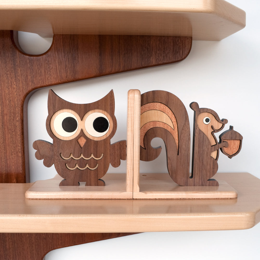 Owl &amp; Squirrel Wooden Bookends for woodland animal nursery decor handmade by Graphic Spaces