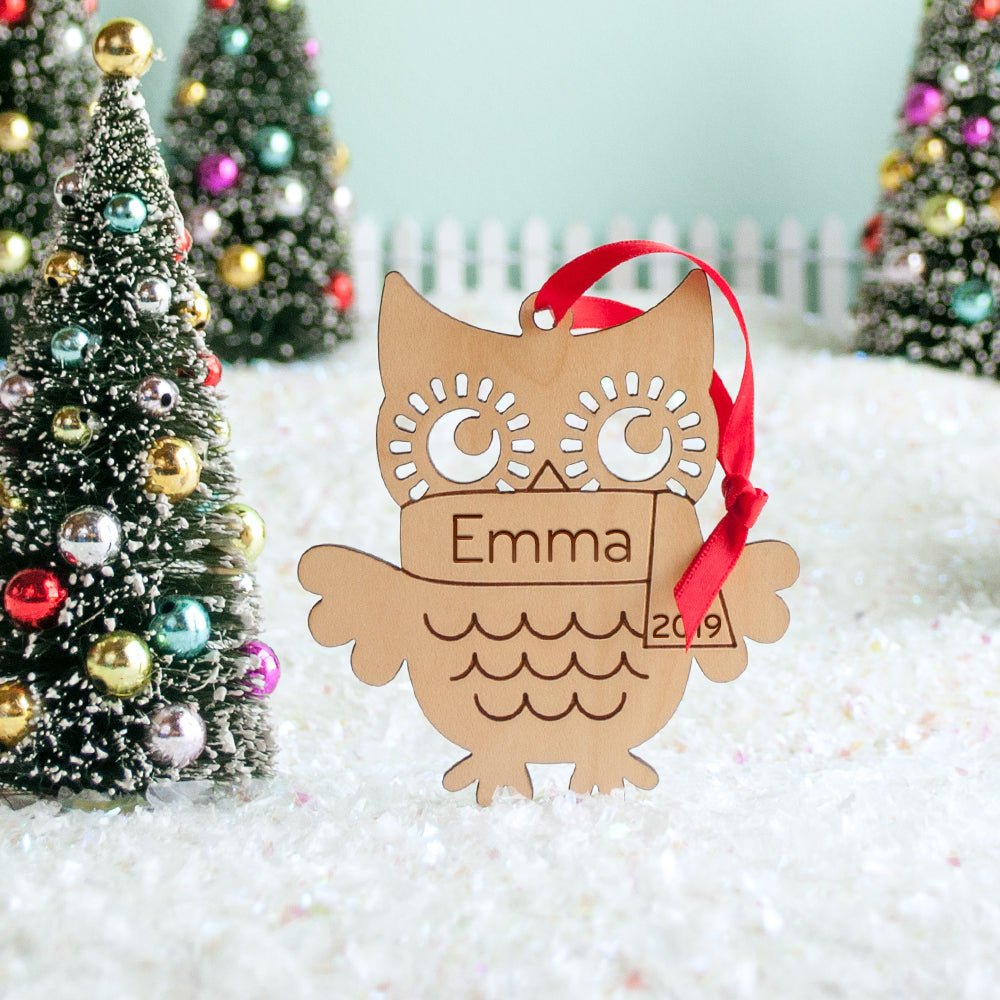 Kids Christmas Ornament - Owl (Personalized, Wood) Light Maple - Graphic Spaces