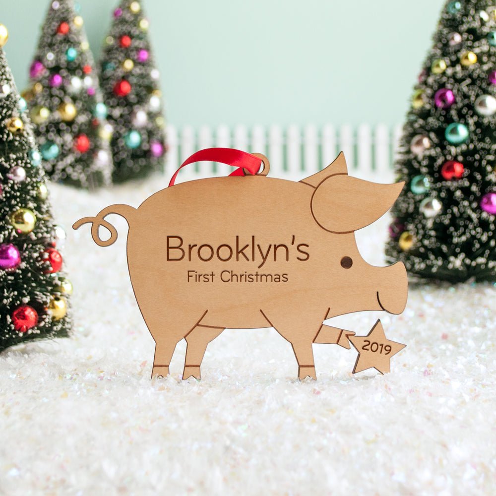Baby's First Christmas Ornament - Pig (Personalized, Wood) Light Maple - Graphic Spaces