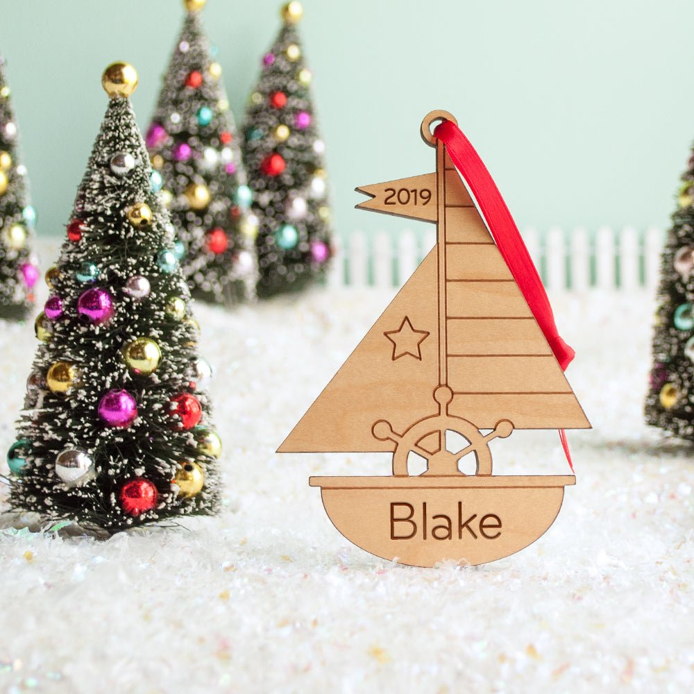 Kids Christmas Ornament - Sailboat (Personalized, Wood) Light Maple - Graphic Spaces