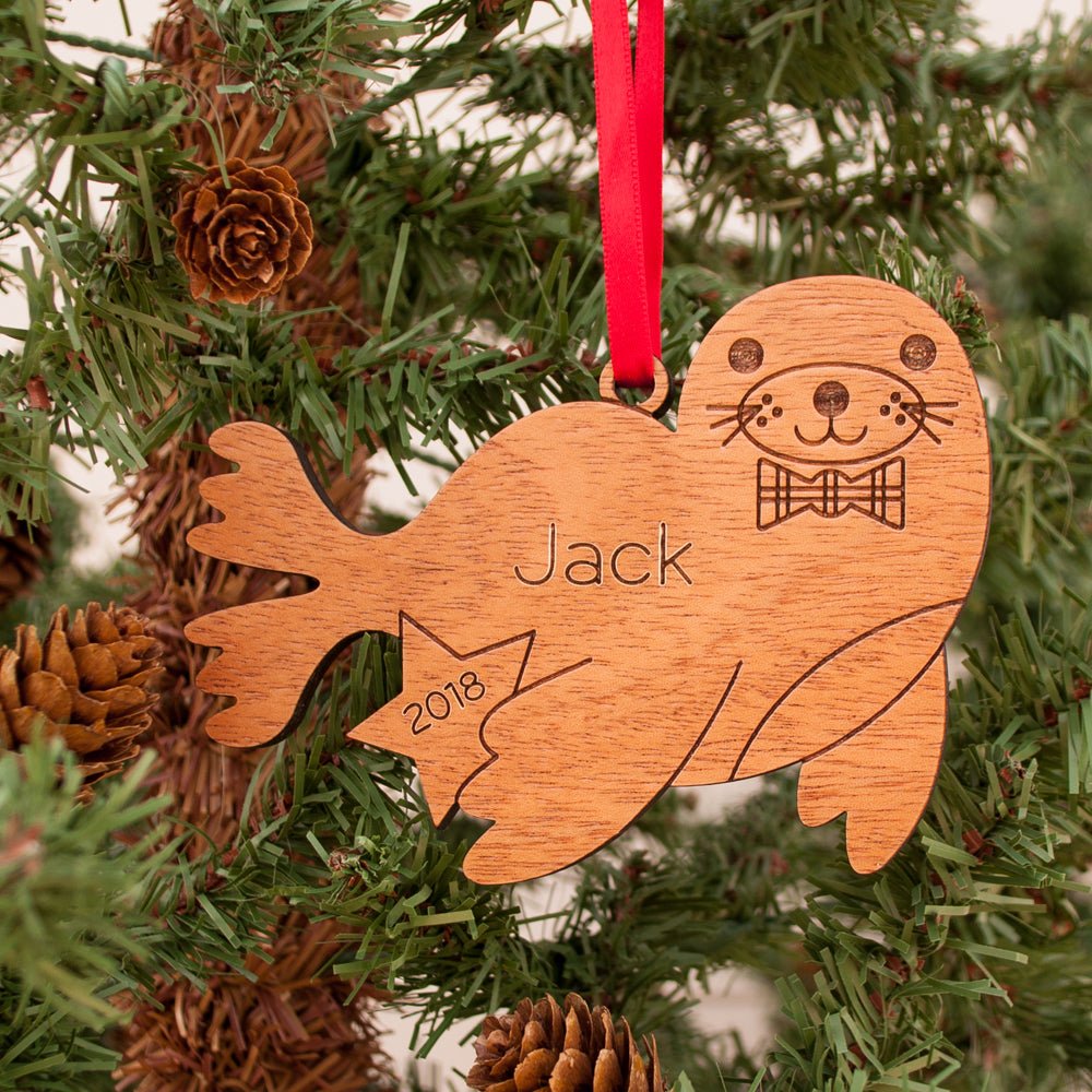 Kids Christmas Ornament - Seal (Personalized, Wood) Light Maple - Graphic Spaces