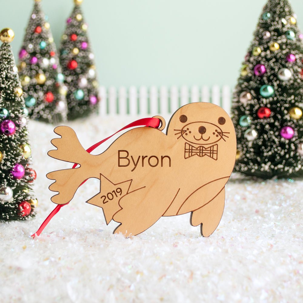 Kids Christmas Ornament - Seal (Personalized, Wood) Light Maple - Graphic Spaces