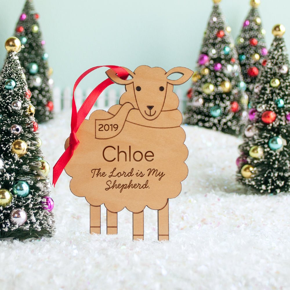Kids Christmas Ornament - Christian Sheep (Personalized, Wood) Psalm 23 - Light Maple - Graphic Spaces