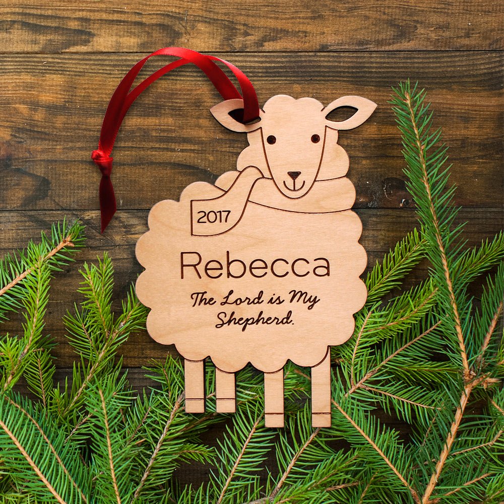 Kids Christmas Ornament - Christian Sheep (Personalized, Wood) Psalm 23 - Light Maple - Graphic Spaces