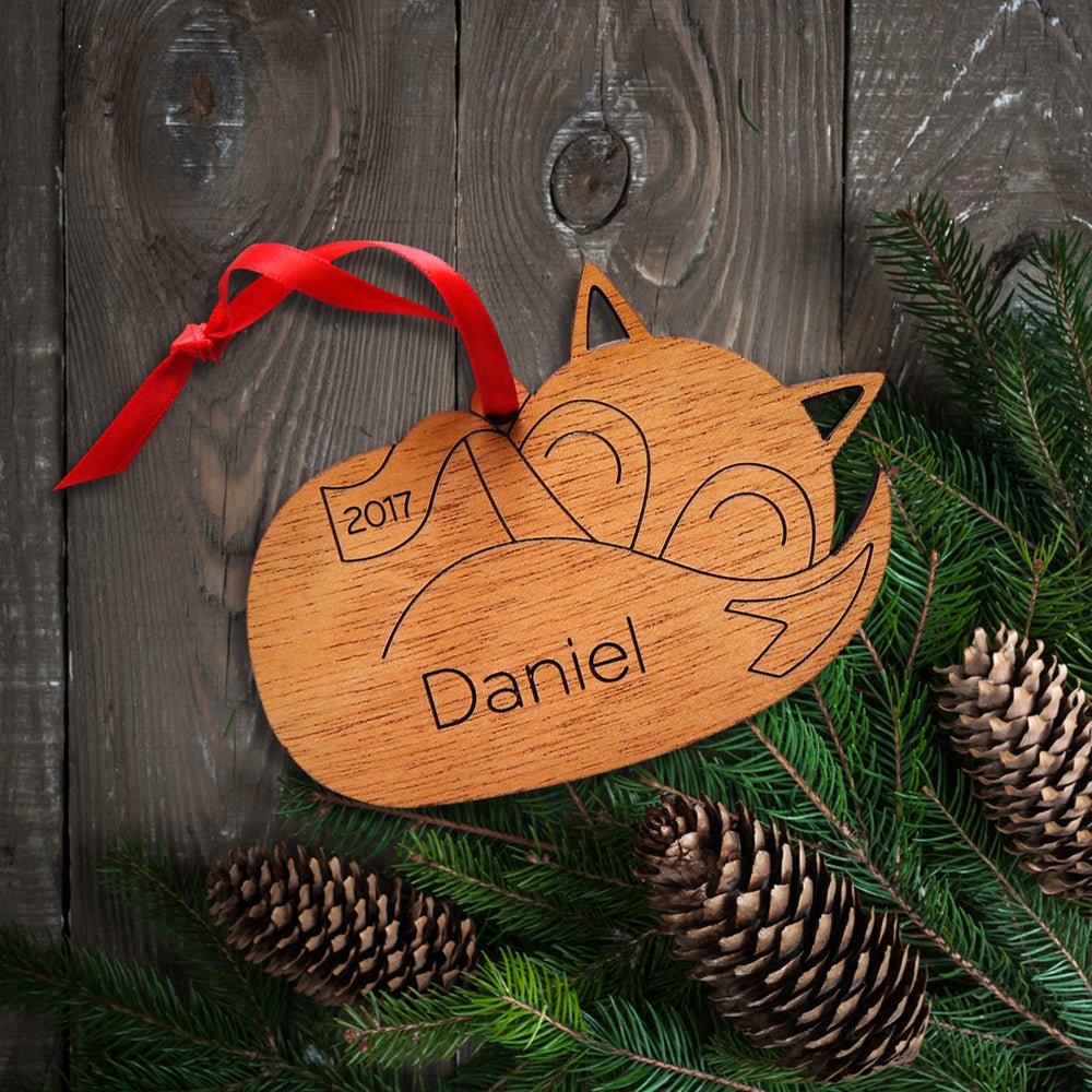 Kids Christmas Ornament - Sleeping Fox (Personalized, Wood) Light Maple - Graphic Spaces