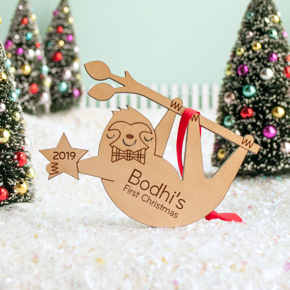 Personalized Sloth Christmas Wood Ornament - Baby's First Christmas -  Graphic Spaces