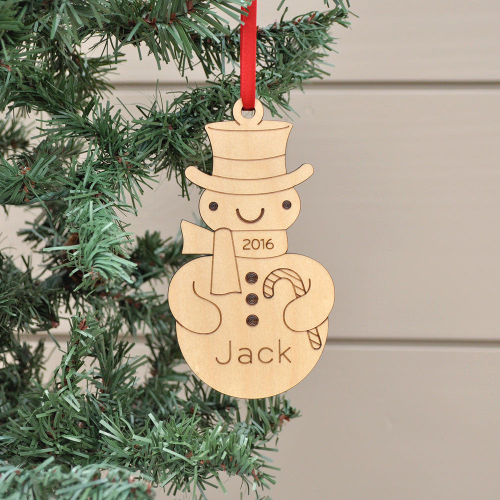 wood snowman boy christmas ornament personalized