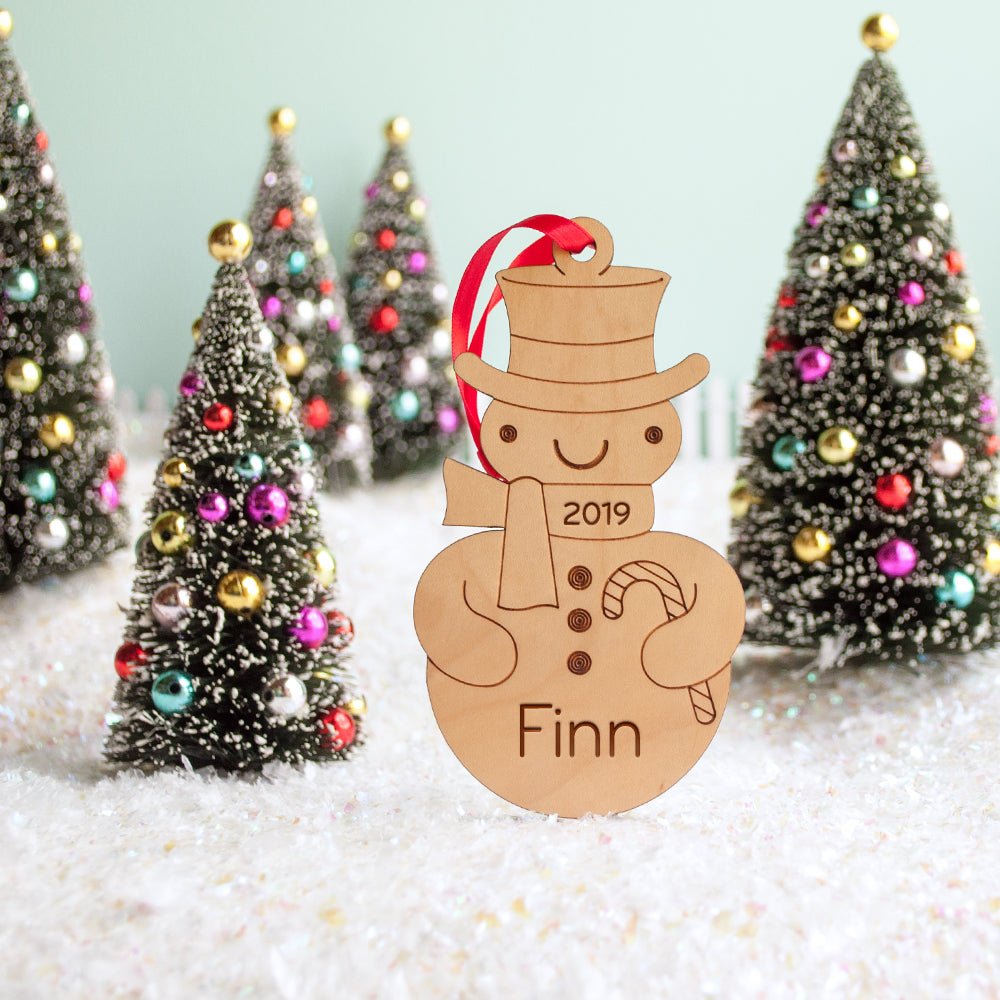 Kids Christmas Ornament - Snowman (Personalized, Boy or Girl, Wood) Light Maple - Boy - Graphic Spaces