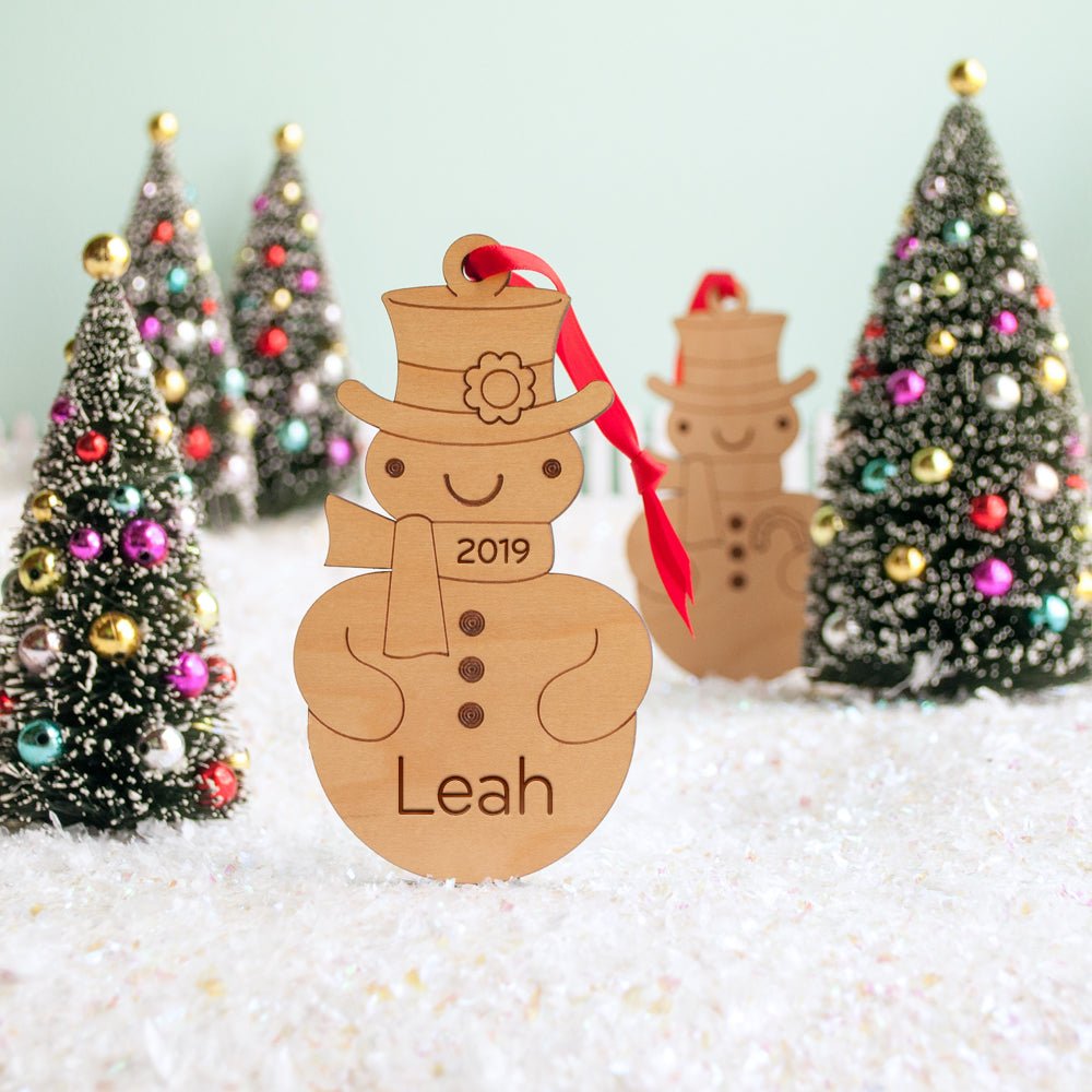 Kids Christmas Ornament - Snowman (Personalized, Boy or Girl, Wood) Light Maple - Boy - Graphic Spaces