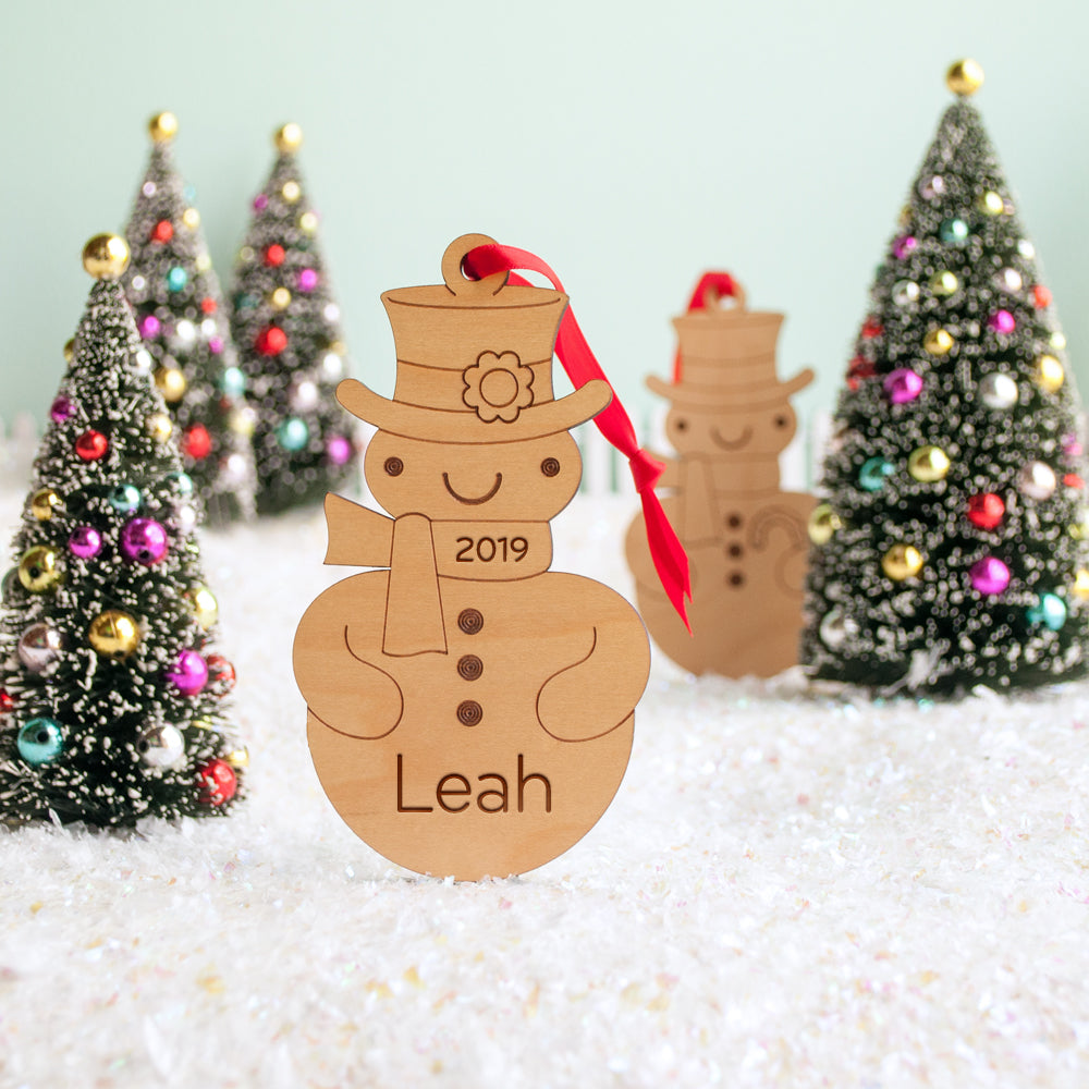wood snowman boy christmas ornament personalized