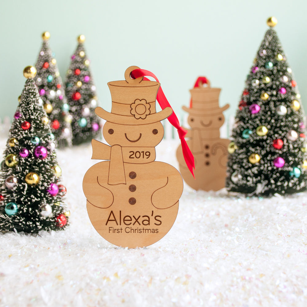 wood snowman girl christmas ornament personalized