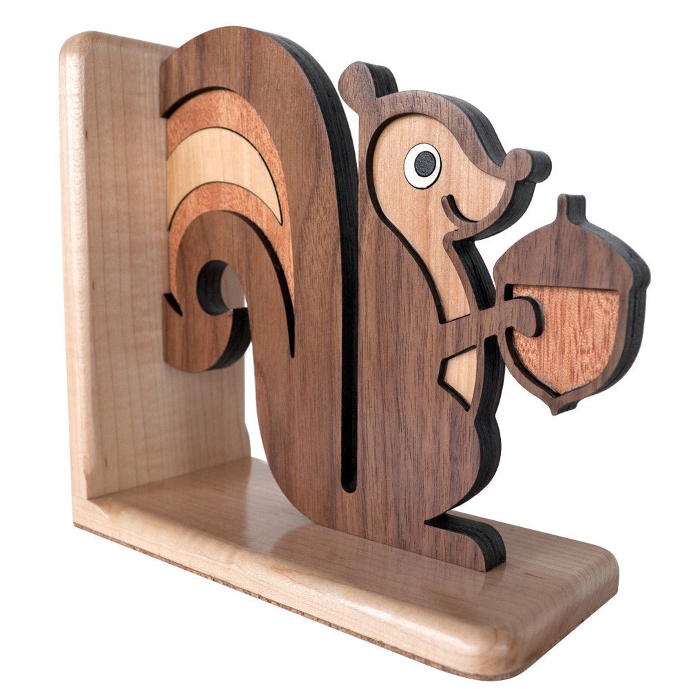 Kids Bookend - Squirrel Heirloom (Wood) Hard Maple, Walnut, Cherry & Maple - Reversible - Family Made in TN - Graphic Spaces