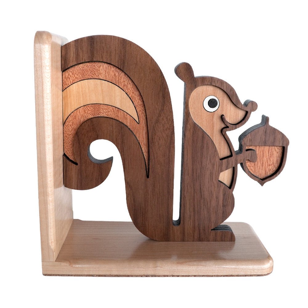 Kids Bookend - Squirrel Heirloom (Wood) Hard Maple, Walnut, Cherry & Maple - Reversible - Family Made in TN - Graphic Spaces