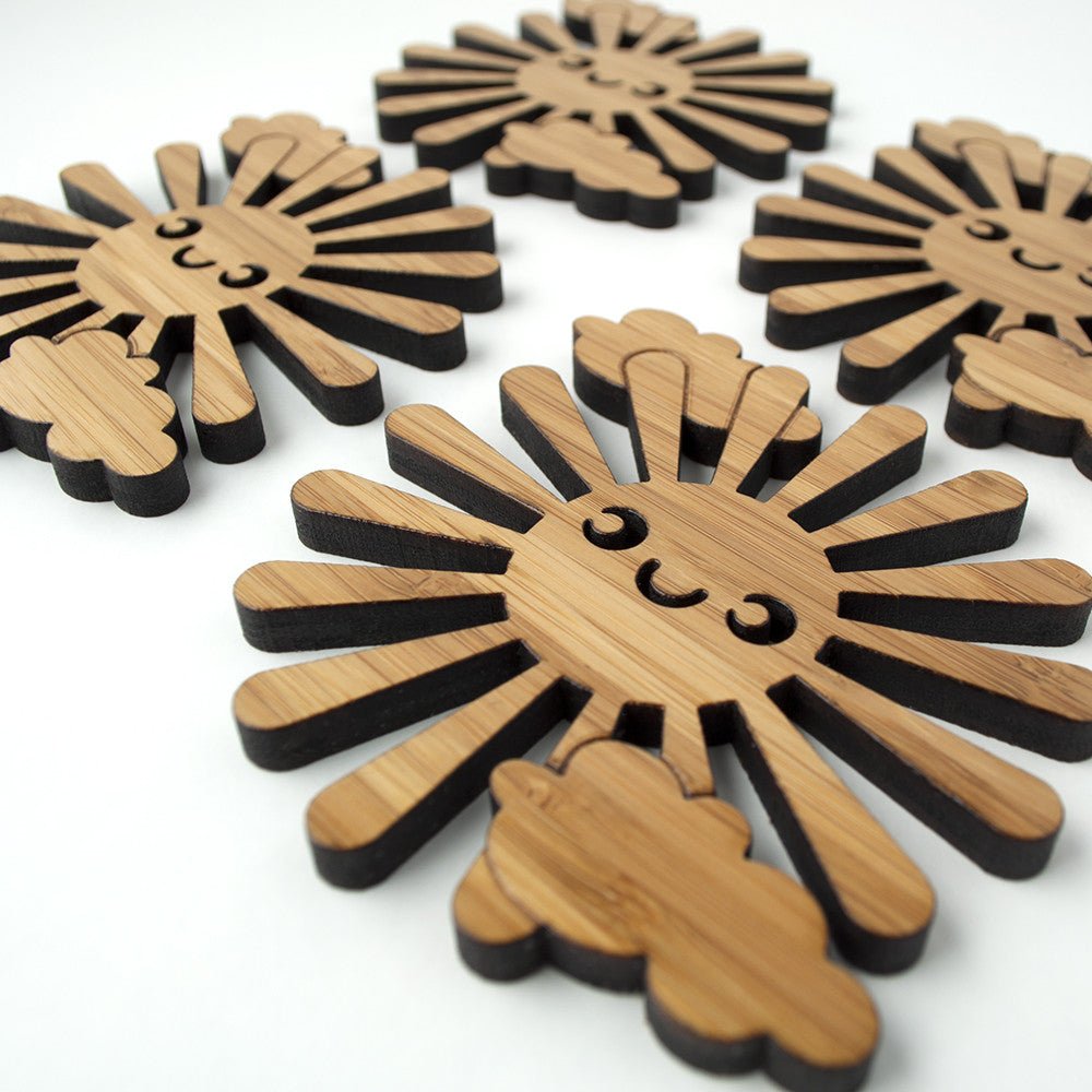 Coasters - Happy Sun (Bamboo) Set of 4 - Water resistant - Family Made in TN, USA - Graphic Spaces