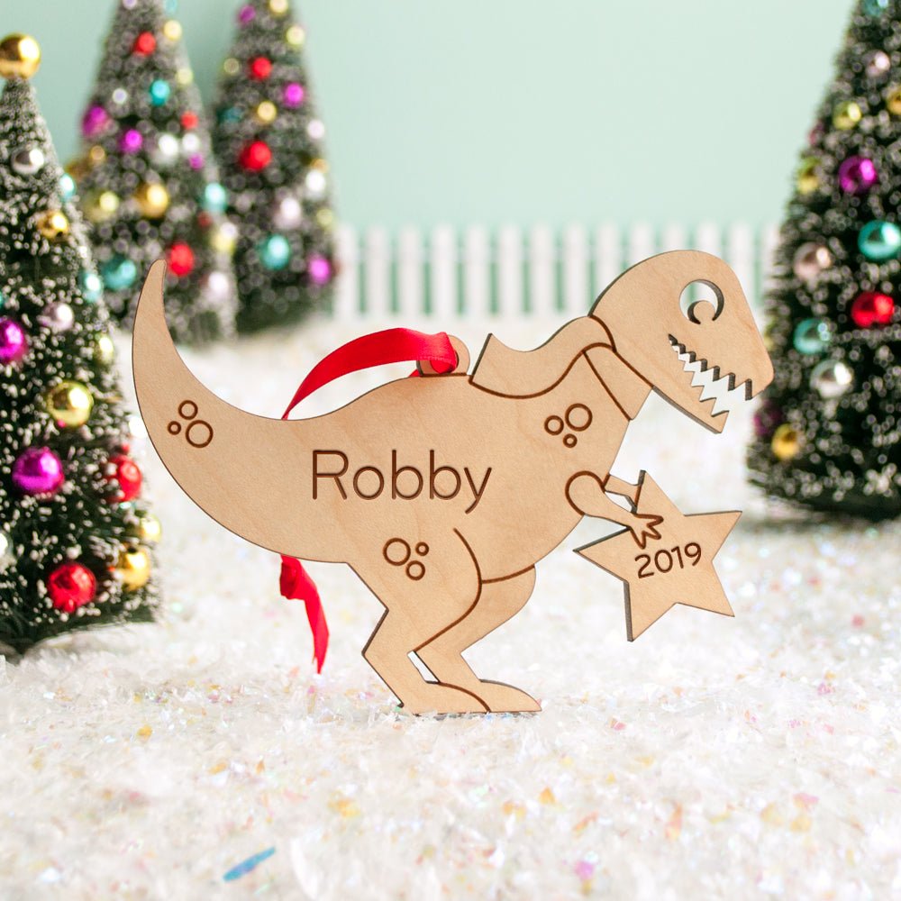 Kids Christmas Ornament - T-Rex (Personalized, Wood) Light Maple - Graphic Spaces