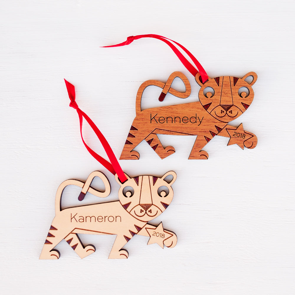 wooden tiger christmas ornament personalized